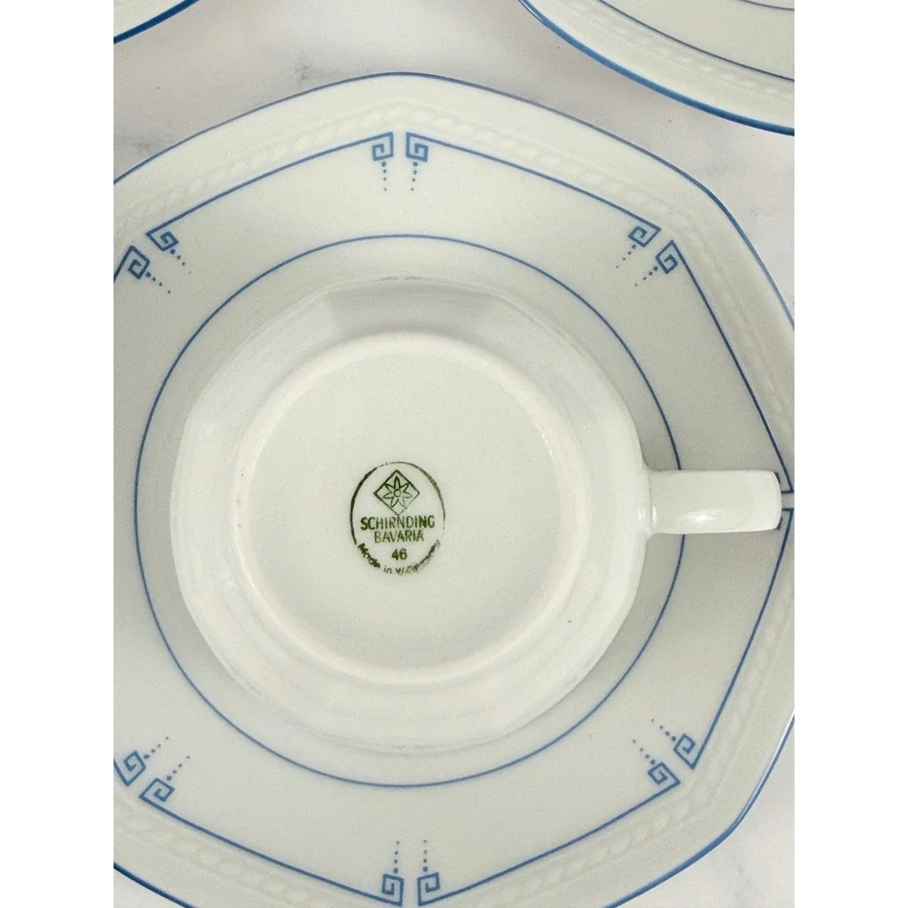 Schirnding Bavaria MCM Blue Greek Key Set of 6 Teacups & 5 Saucers